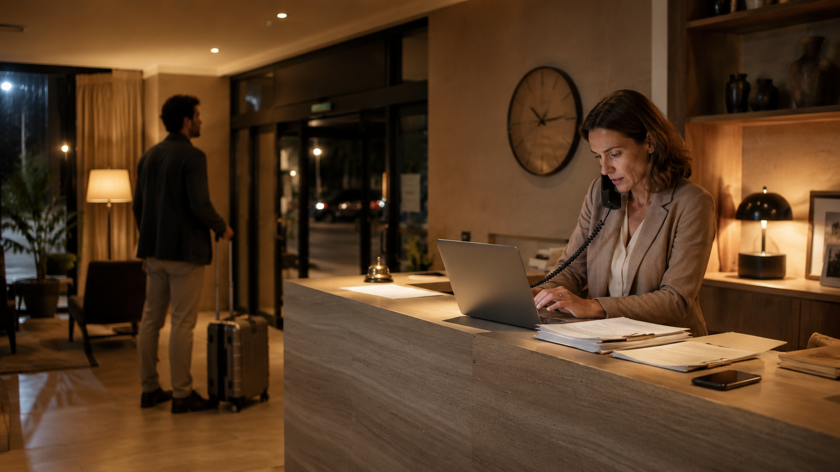 Hotelrezeption am späten Abend: Mitarbeiterin telefoniert am Laptop, ein Gast steht mit Koffer wartend im Hintergrund.